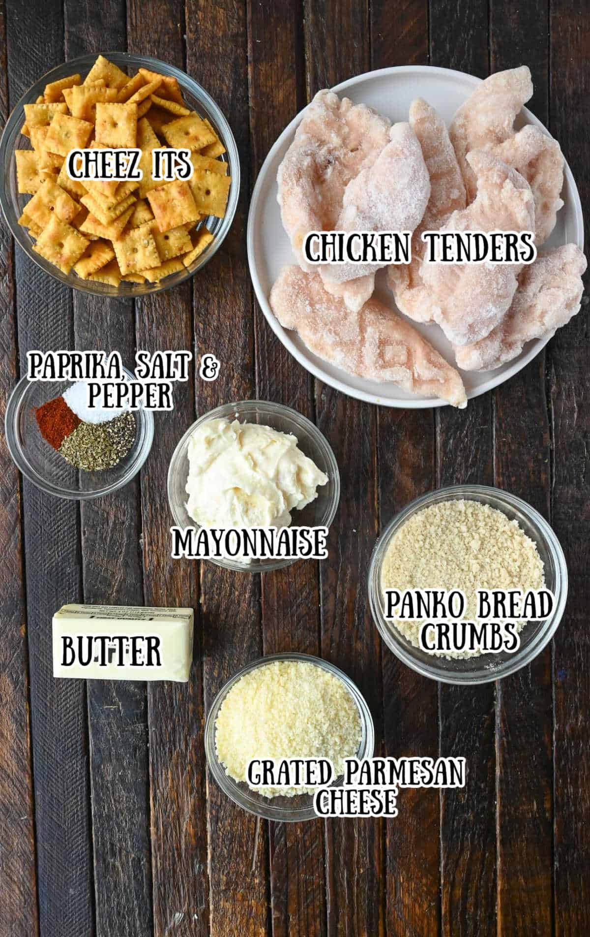 All the ingredients needed for these cheez it chicken tenders.