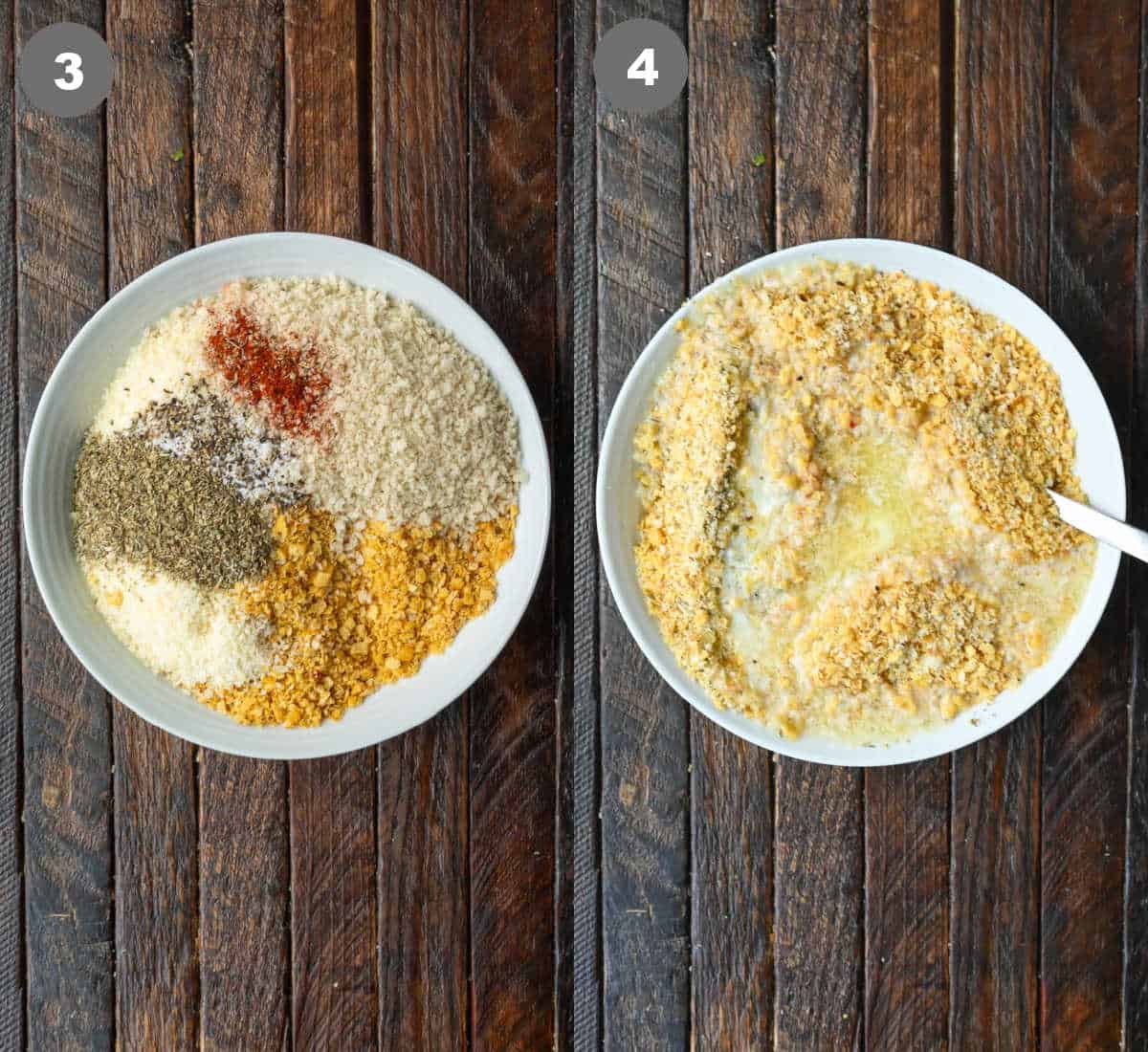 The breading ingredients placed in a bowl with the melted butter.
