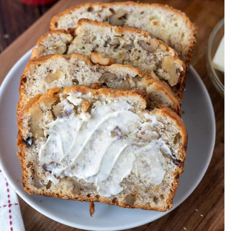 Sliced banana bread on a plate.