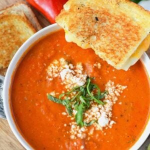 roasted tomato garlic soup with a grilled cheese on the side