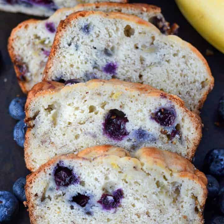 Banana Blueberry bread on a cutting board scliced
