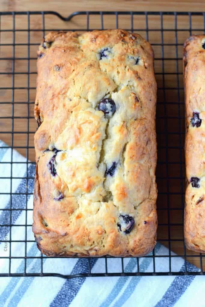 Banana Blueberry cream cheese bread on a cooling rack