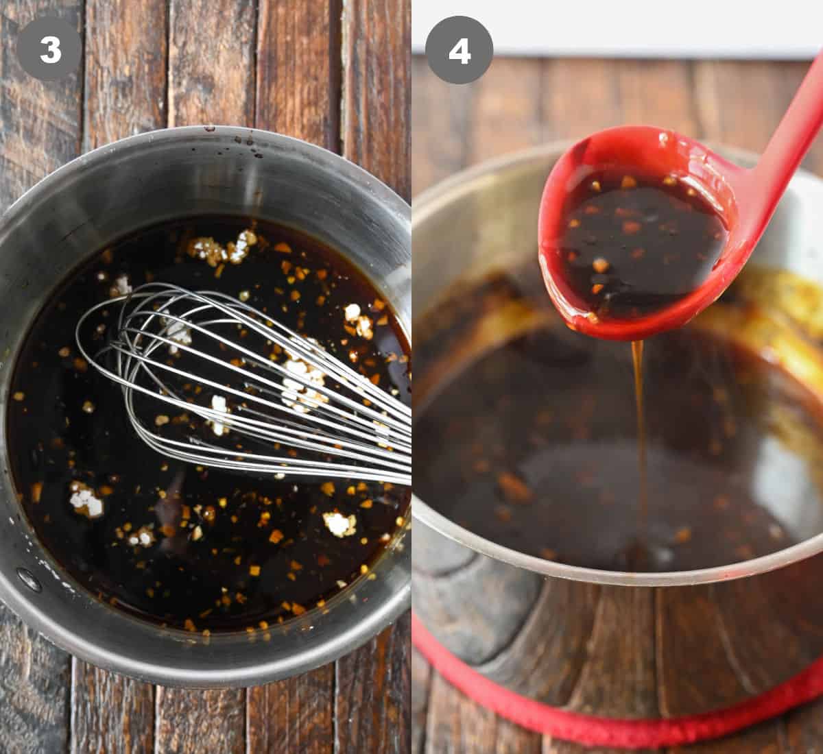 Teriyaki marinade in a bowl and then cooked in a saucepan.