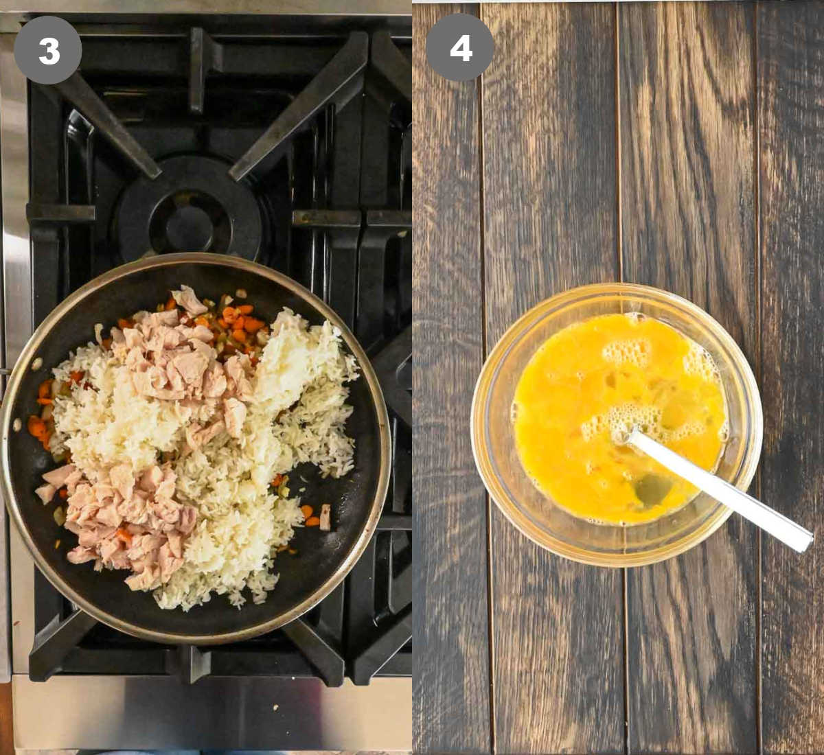Fried rice ingredients added to a skillet and eggs whisked in a boel.