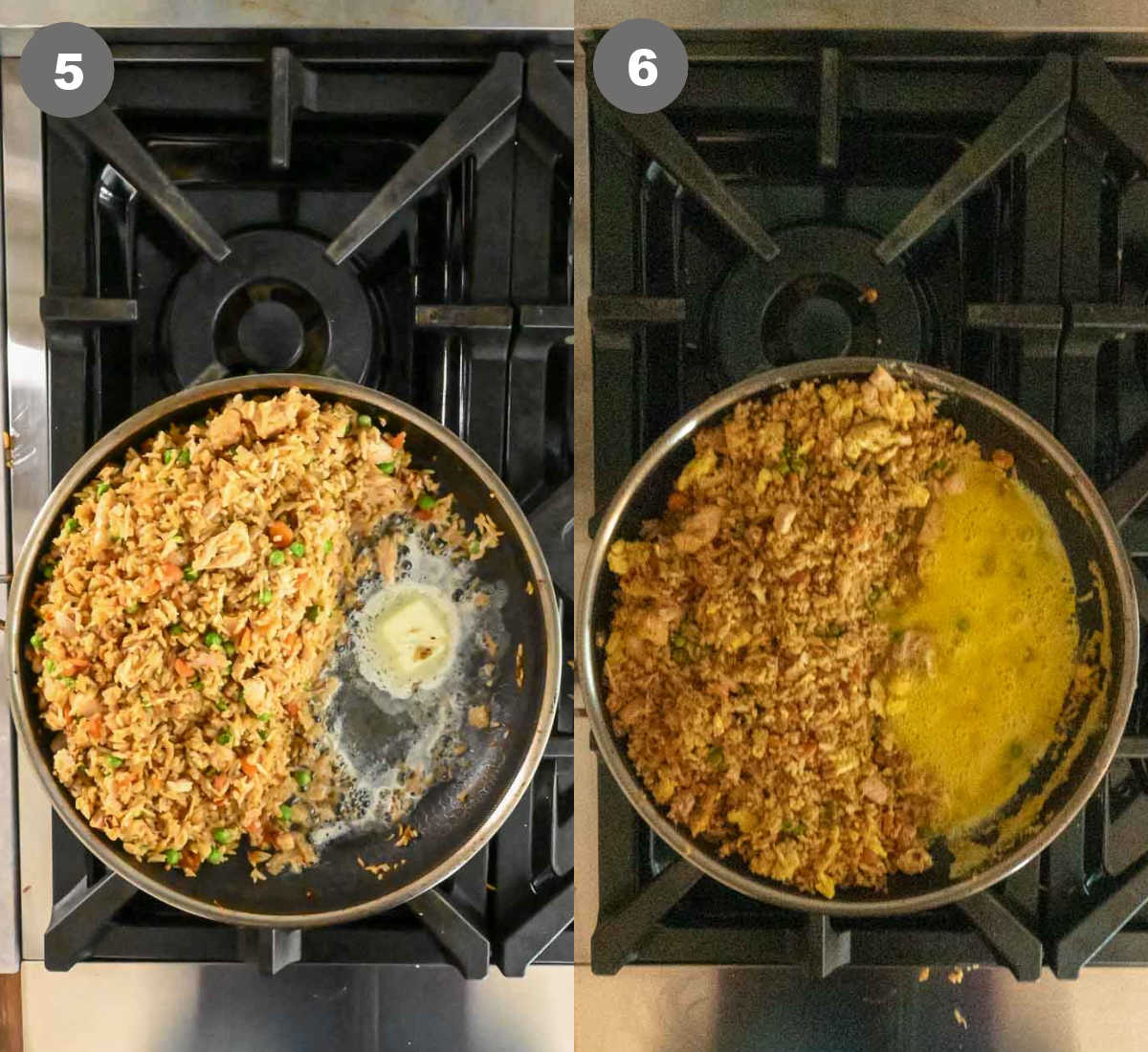 chicken fried rice in a skillet and scrambled eggs cooked on the side.