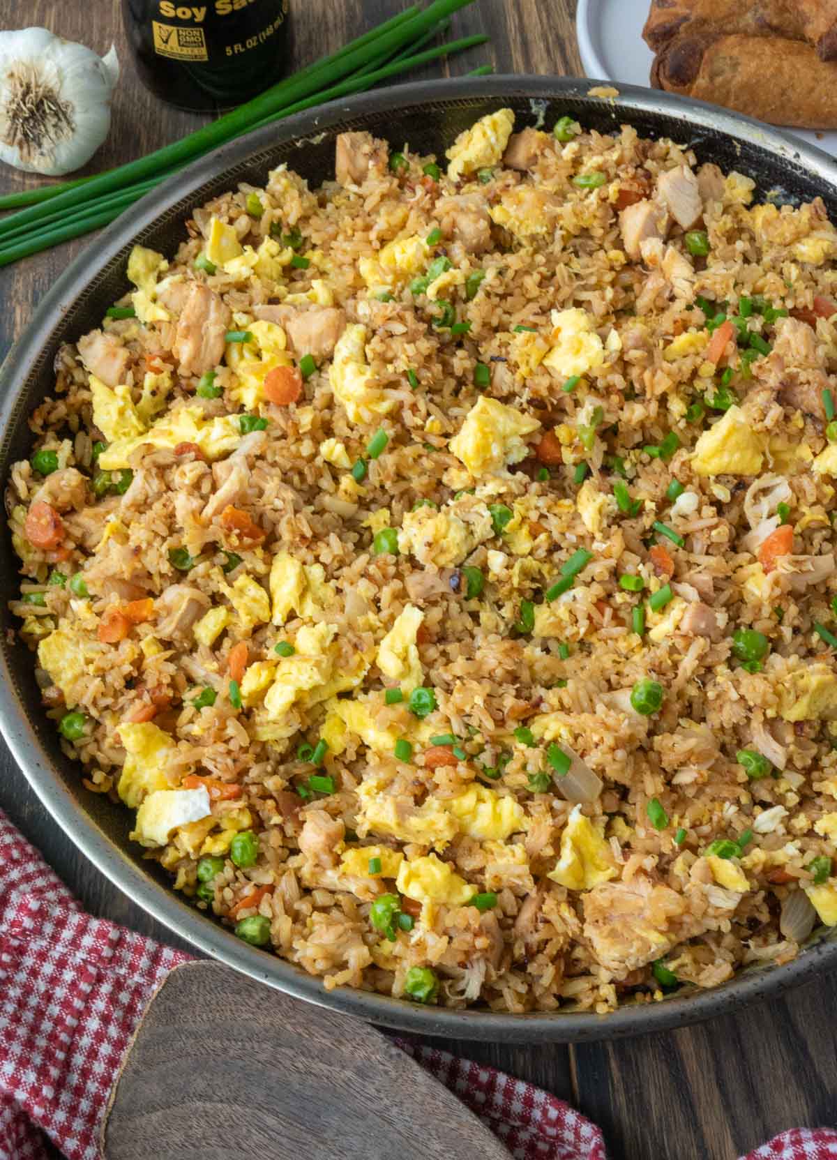 Chicken fried rice in a skillet