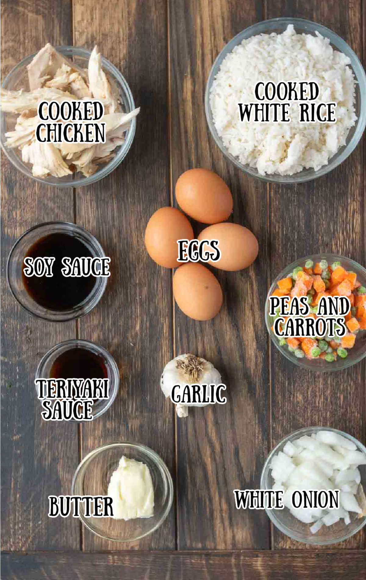 All the ingredients needed for this fried rice.