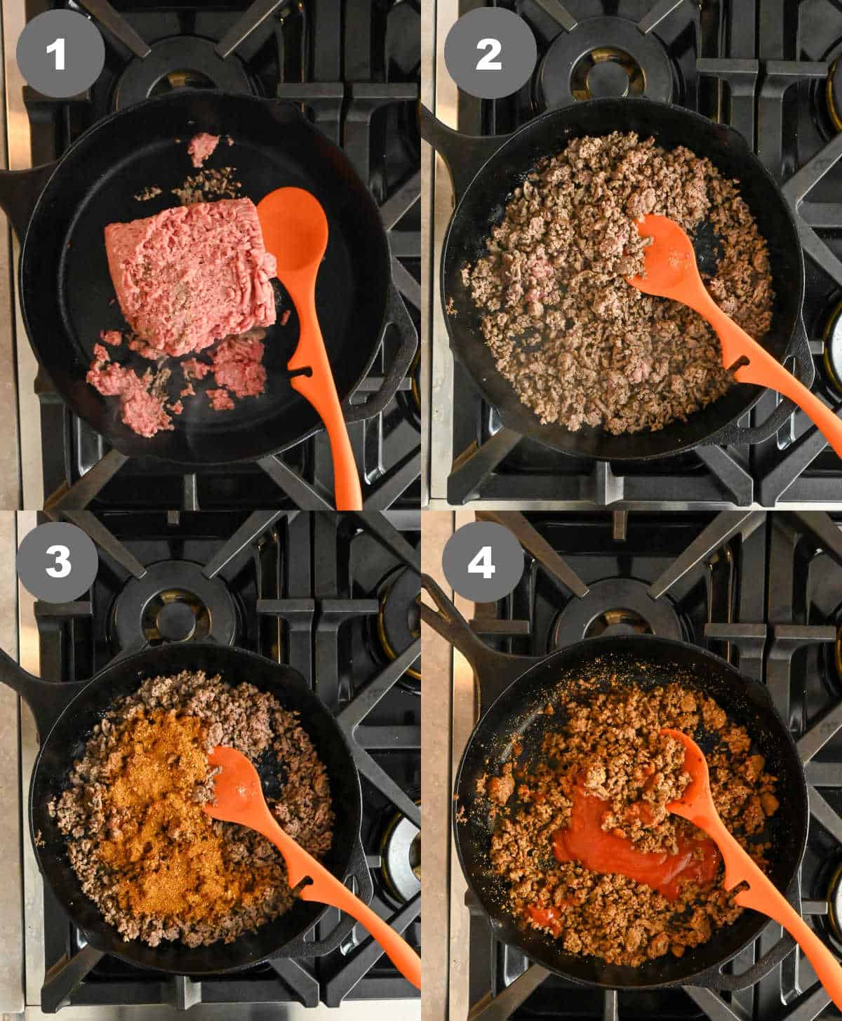 Ground beef being cooked in a skillet with taco seasoning.