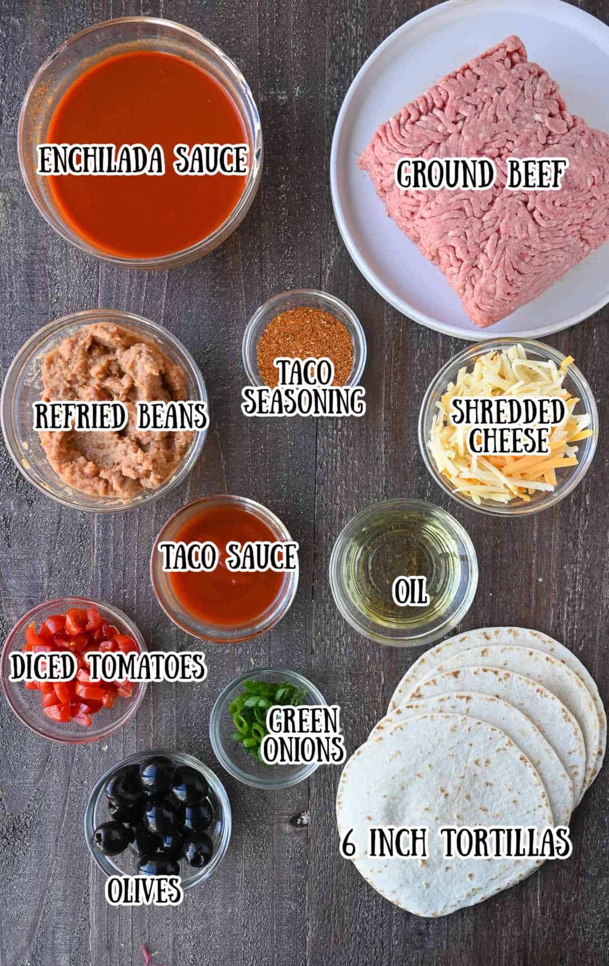 All the ingredients needed for these mexican pizza.