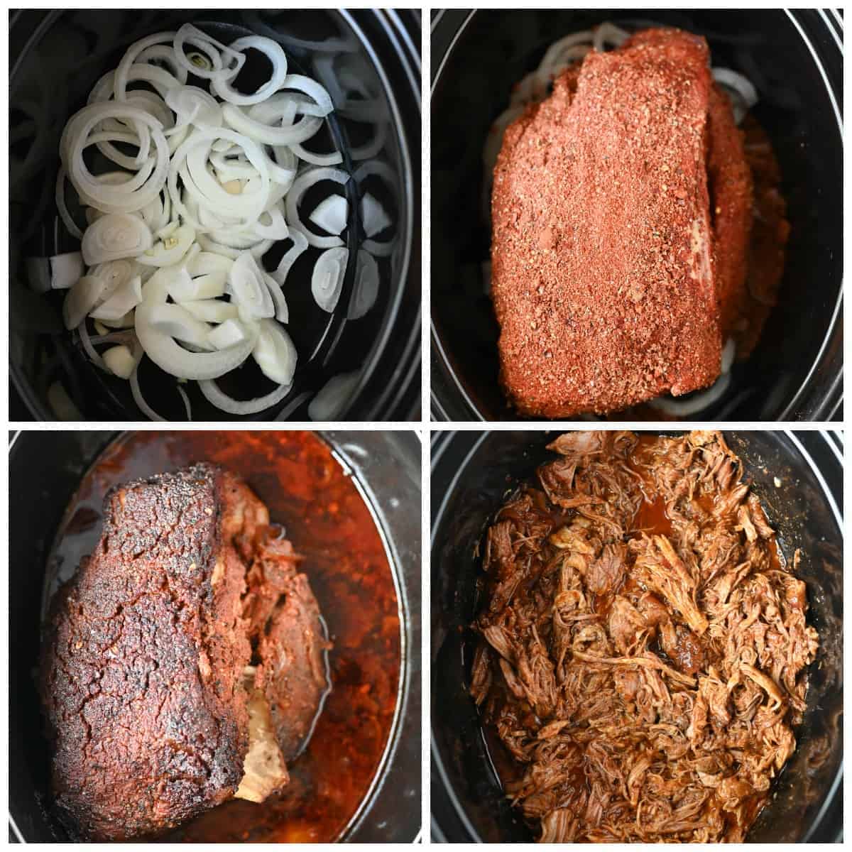 Four how to steps. First one, sliced onions in the bottom of a slow cooker. Step two, spice covered pork butt placed into the slow cooker. Pork butt fully cooked in the slow cooker. Step four, pork butt that has been shredded. 