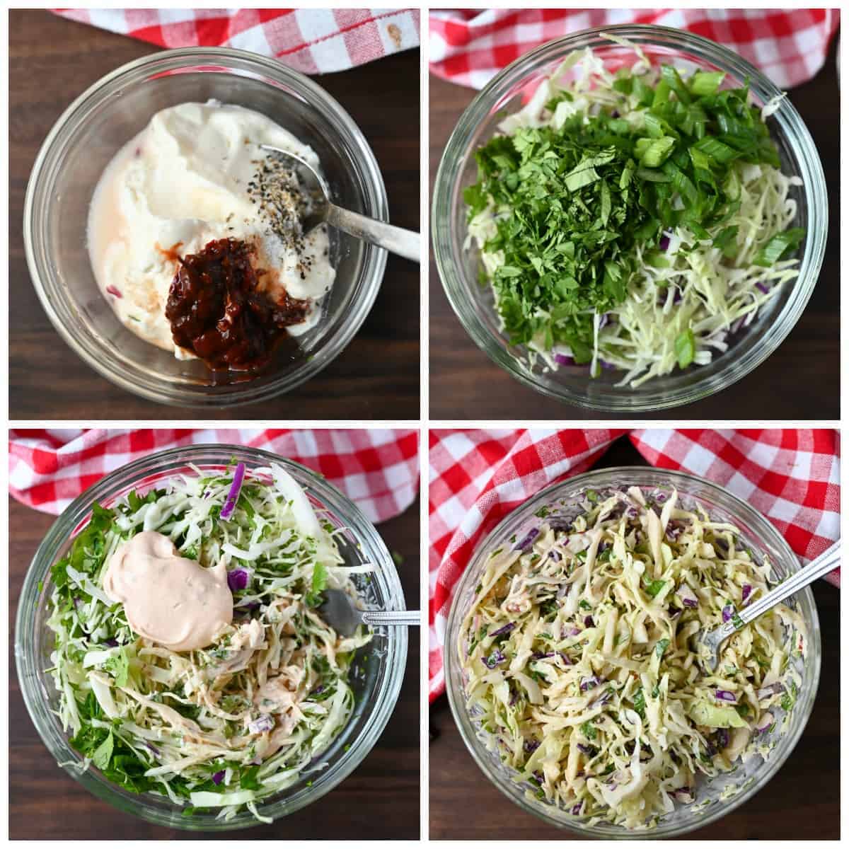 Four how to steps. Step one, sauce mixture in a small bowl with a spoon. Step two, coleslaw ingredients placed into a clear bowl. Step three, coleslaw ingredients with sauce mixture on top. Step four, the coleslaw fully mixed together in a bowl with a spoon.