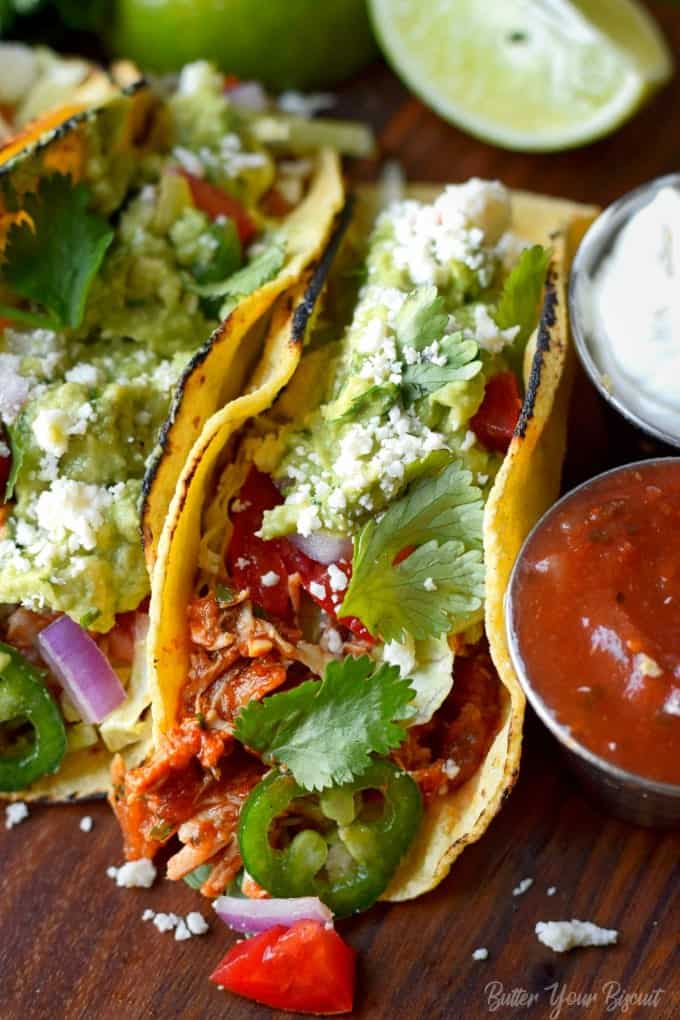 Slow Cooker Salsa Chicken Tacos - Butter Your Biscuit