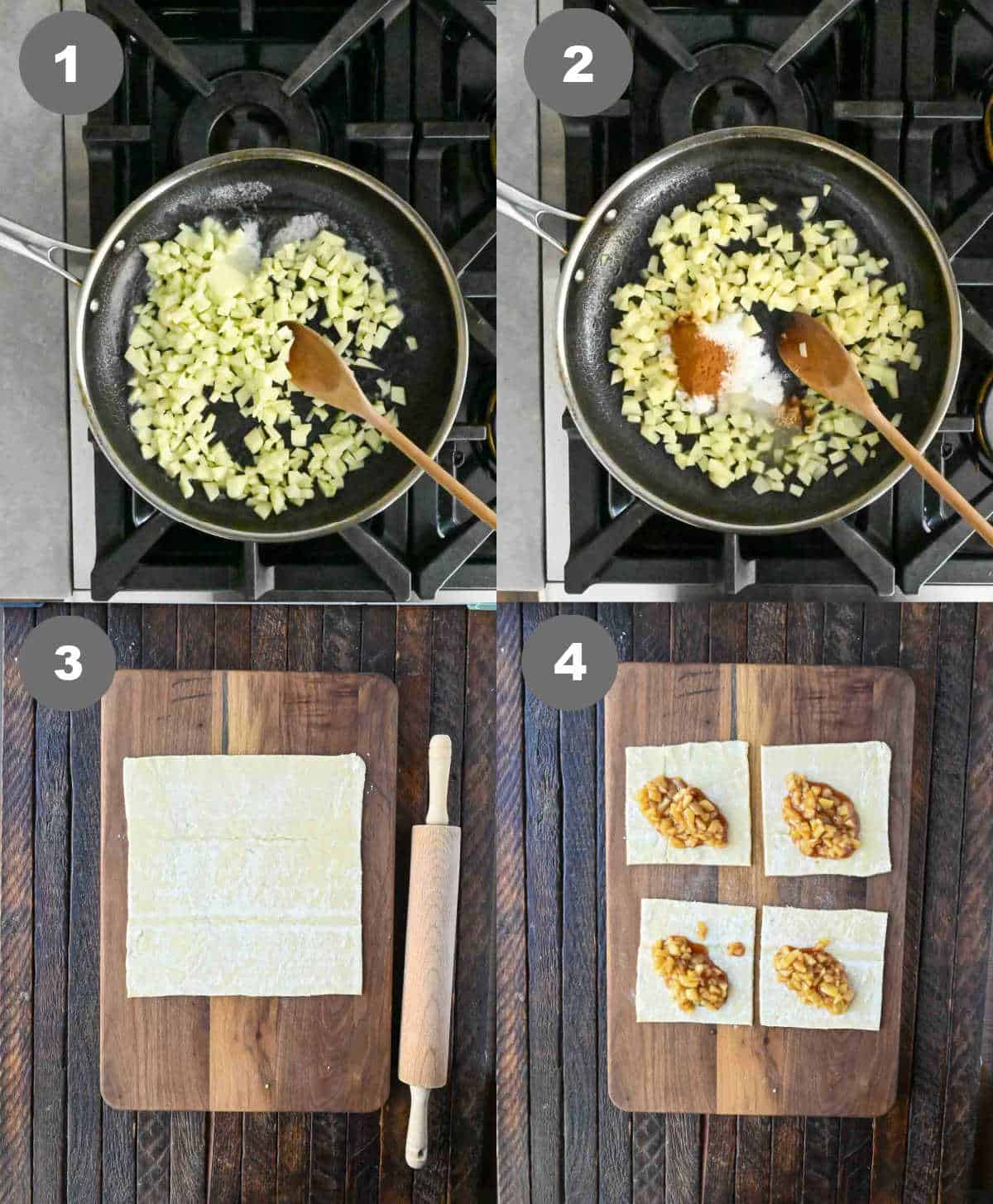 Diced apples being cooked in a skillet and placed into puff pastry squares.