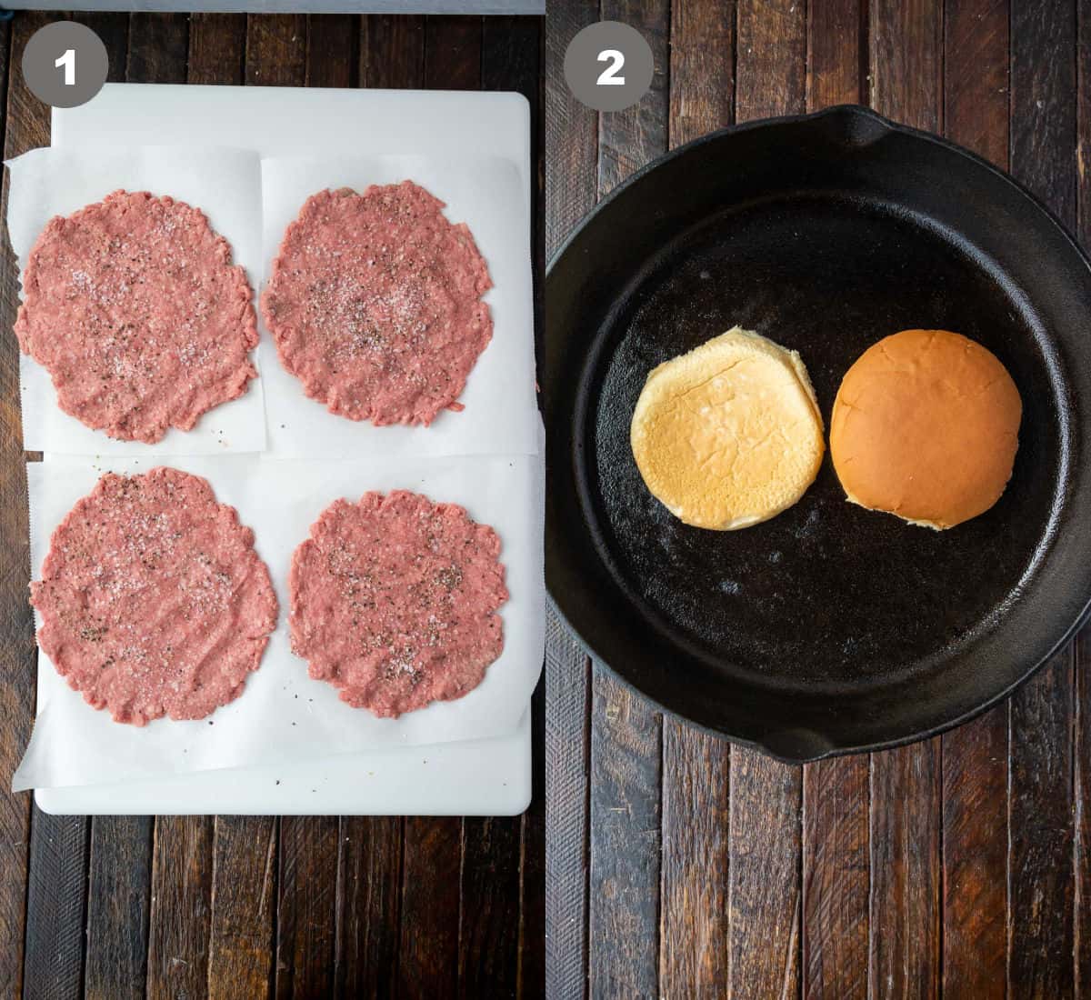 Ground beef patties on a cutting board, and the buns placed in a hot skillet.