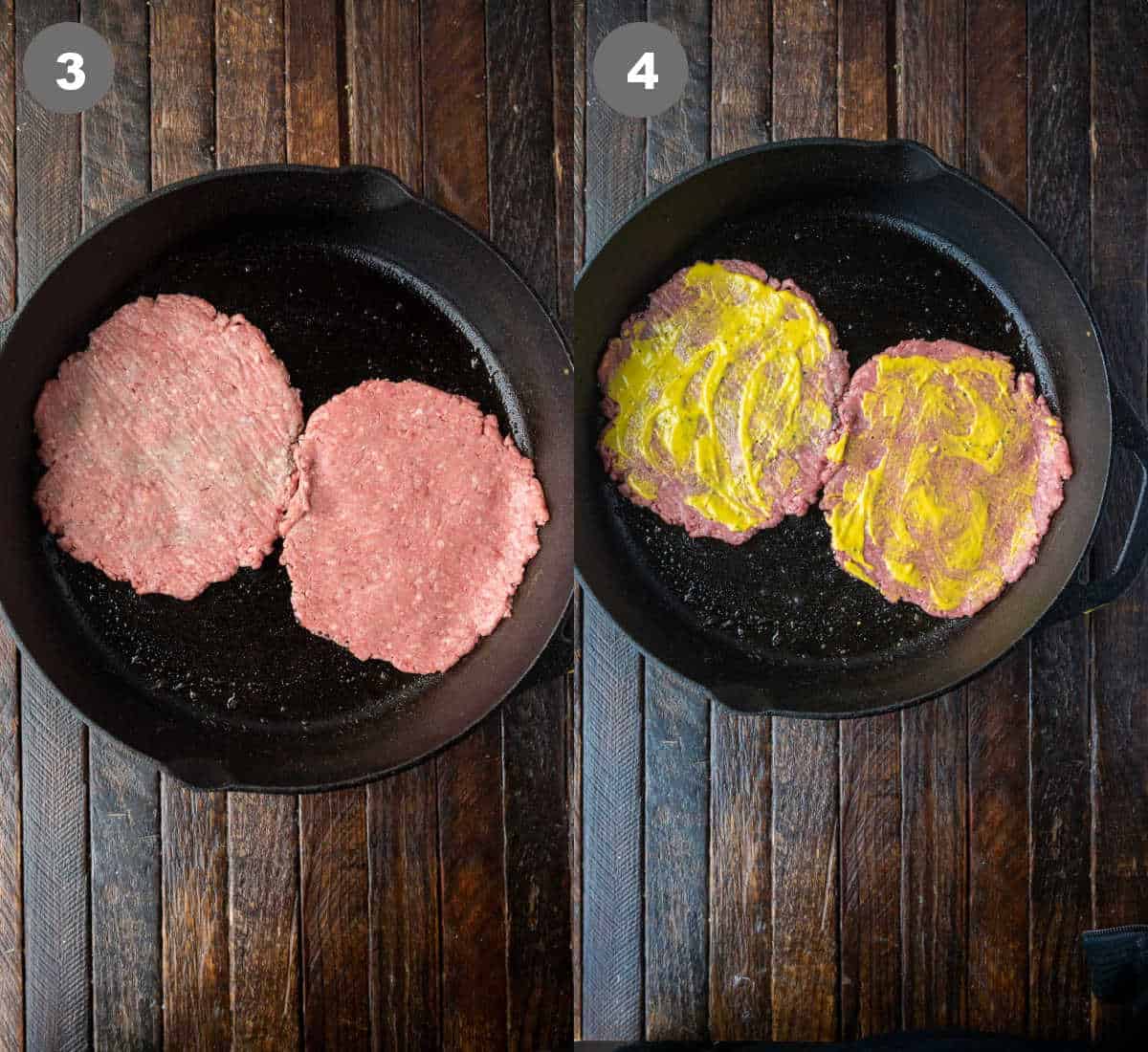 Ground beef patties placed in a hot skillet with mustard placed on top.