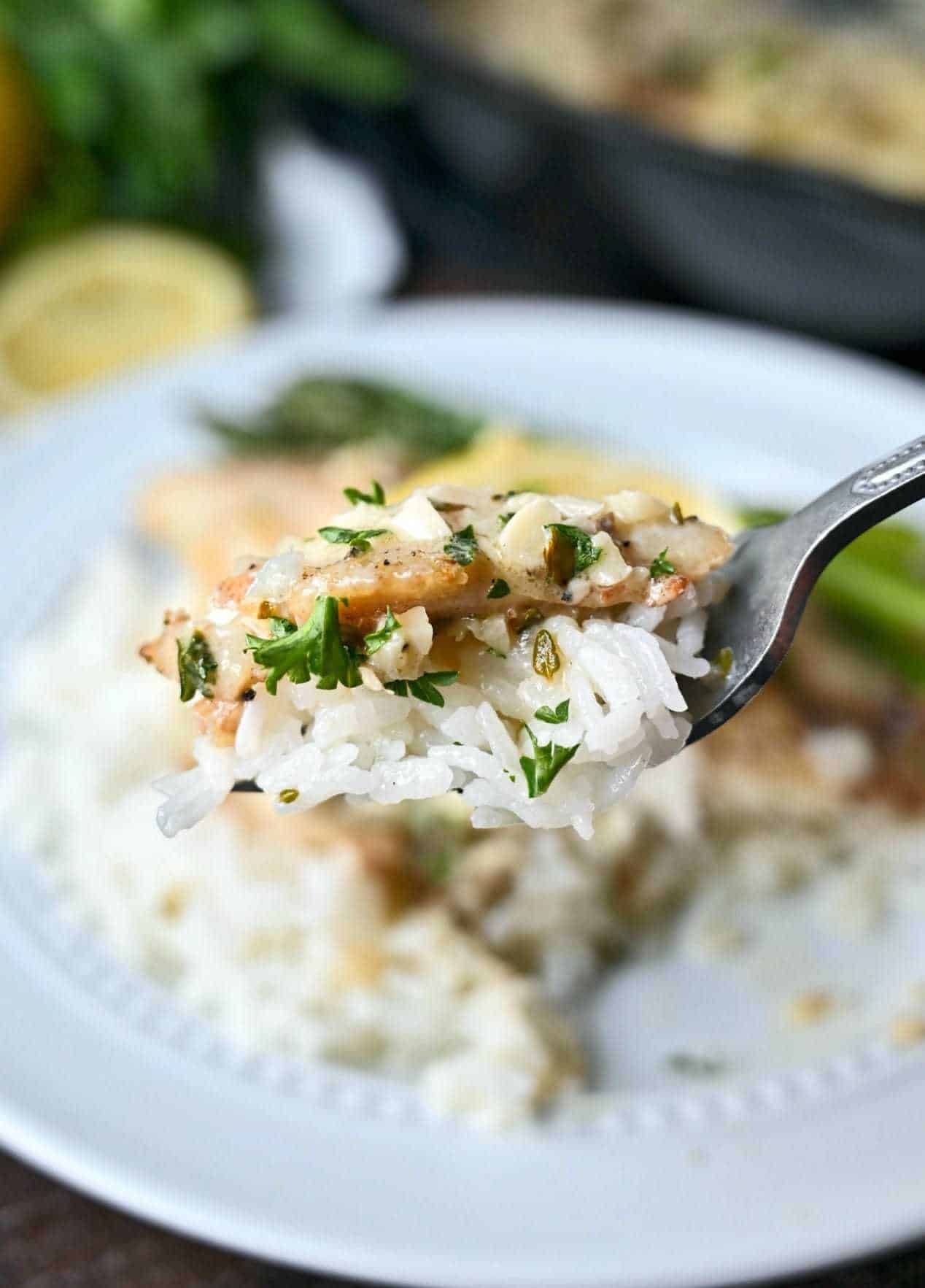 A bite of white rice and tilapia on a fork.