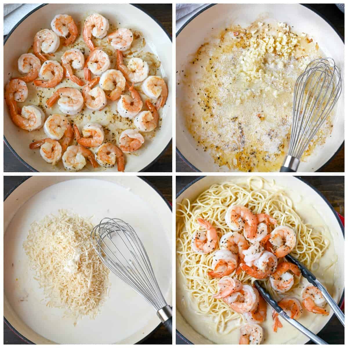 Four process shots. First one, shrimp just finishing cooking in red cast iron pan. Second one, shrimp removed and butter, garlic sauted in the pan. Third one, cream and parmesan cheese whisked into the pan. Fourth one, pasta and cooked shrimp bring placed back into the sauce.