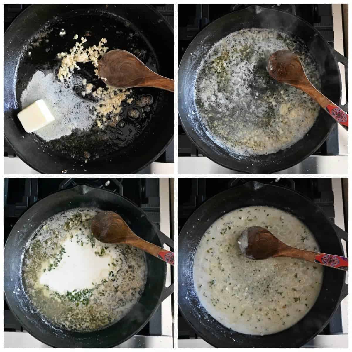 Four process photos. First one, butter and garlic melted in the skillet. Second one, white wine added in the skillet. Third one, heavy cream added in to the skillet. Fourth one, a spoon stirring the sauce. , 