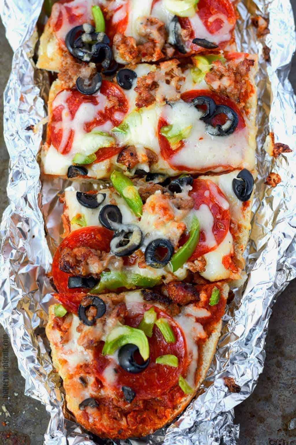 Grilled French Bread Pizza Supreme Recipe - Butter Your ...