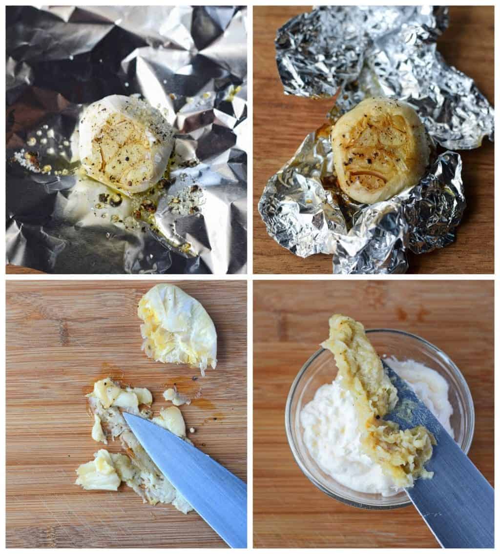 Garlic bulb wrapped in foil then roasted in an oven.