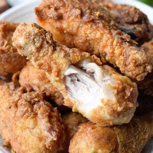 A plate of food, with Fried chicken