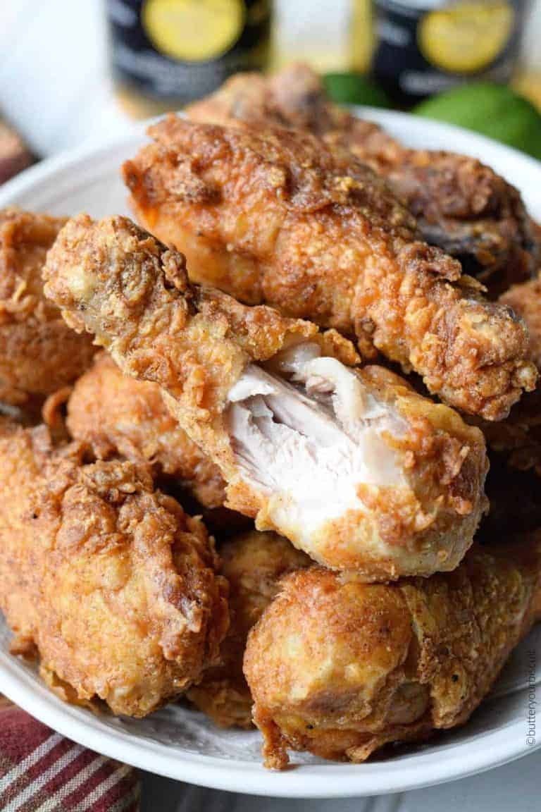 A plate of food, with Fried chicken