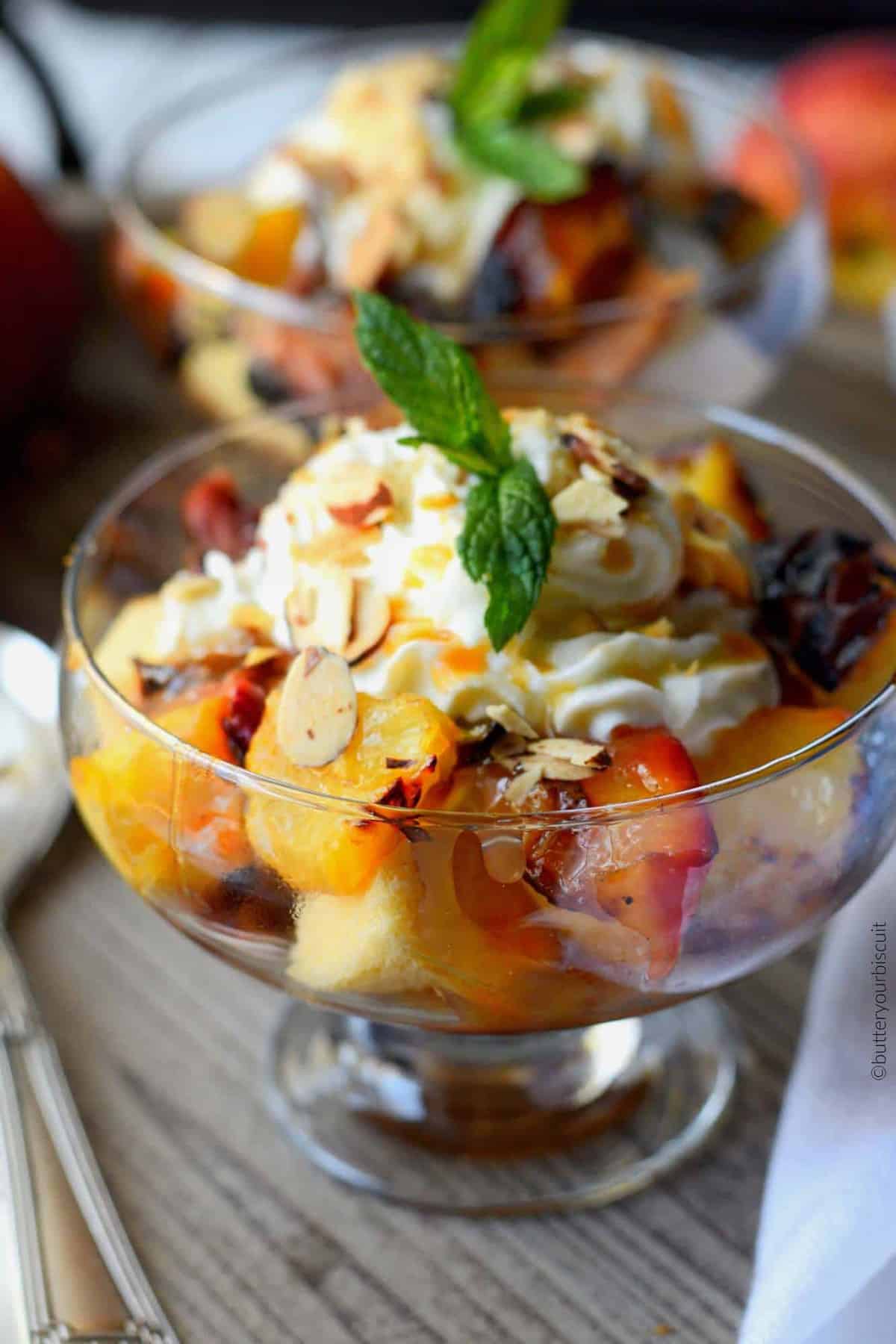 Grilled Peach and pound cake parfait