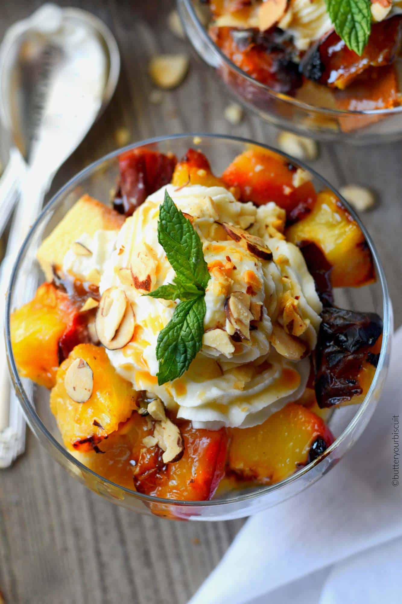 Grilled Peach and pound cake parfait