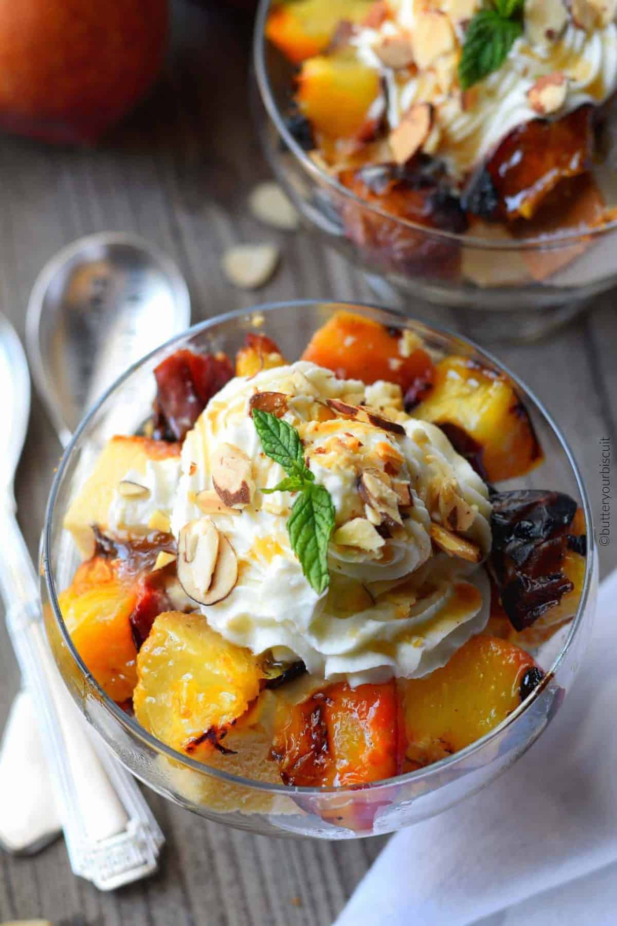 Grilled Peach and pound cake parfait 