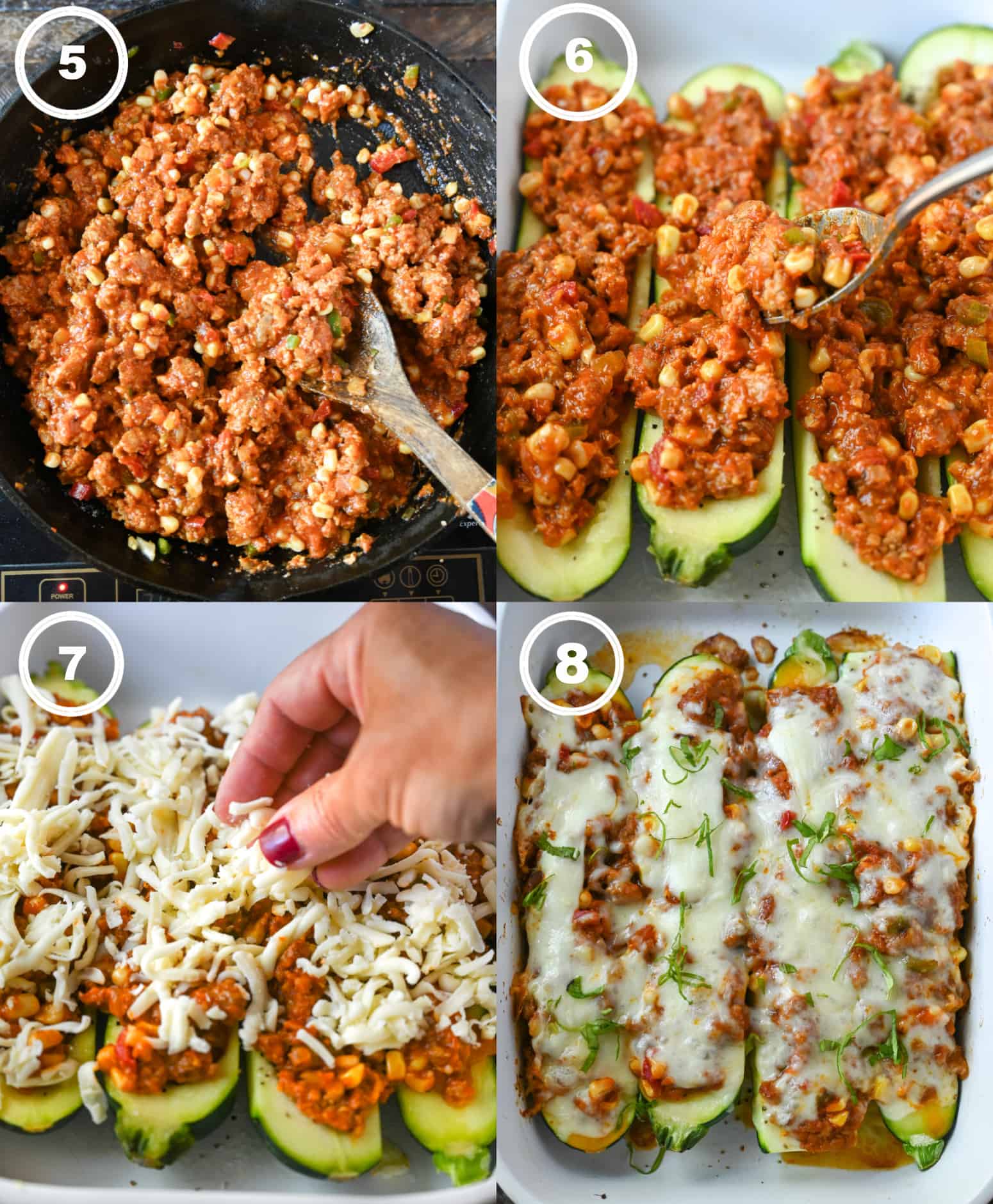 Four process photos. First one, browned sausage and peppers with added marinara sauce. Second one, meat mixture placed into the zucchini boats. Third one, mozzarella cheese being sprinkled on top. Fourth one, zucchini boats that have been baked in a white casserole dish.