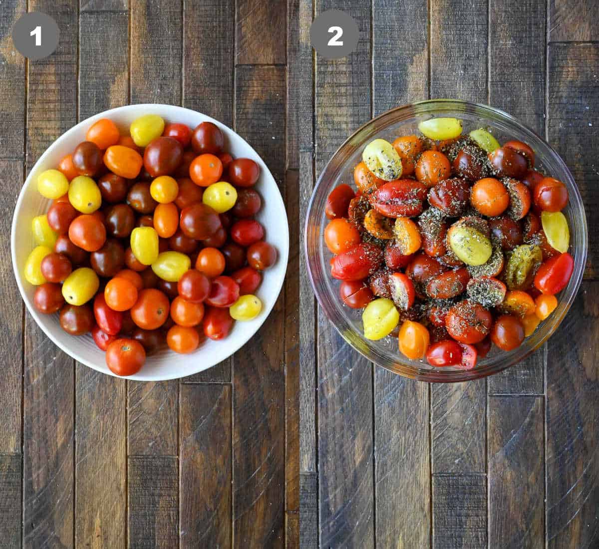 Cherry tomatoes in a bowl, then garlic, olive oil and seasoing added in.