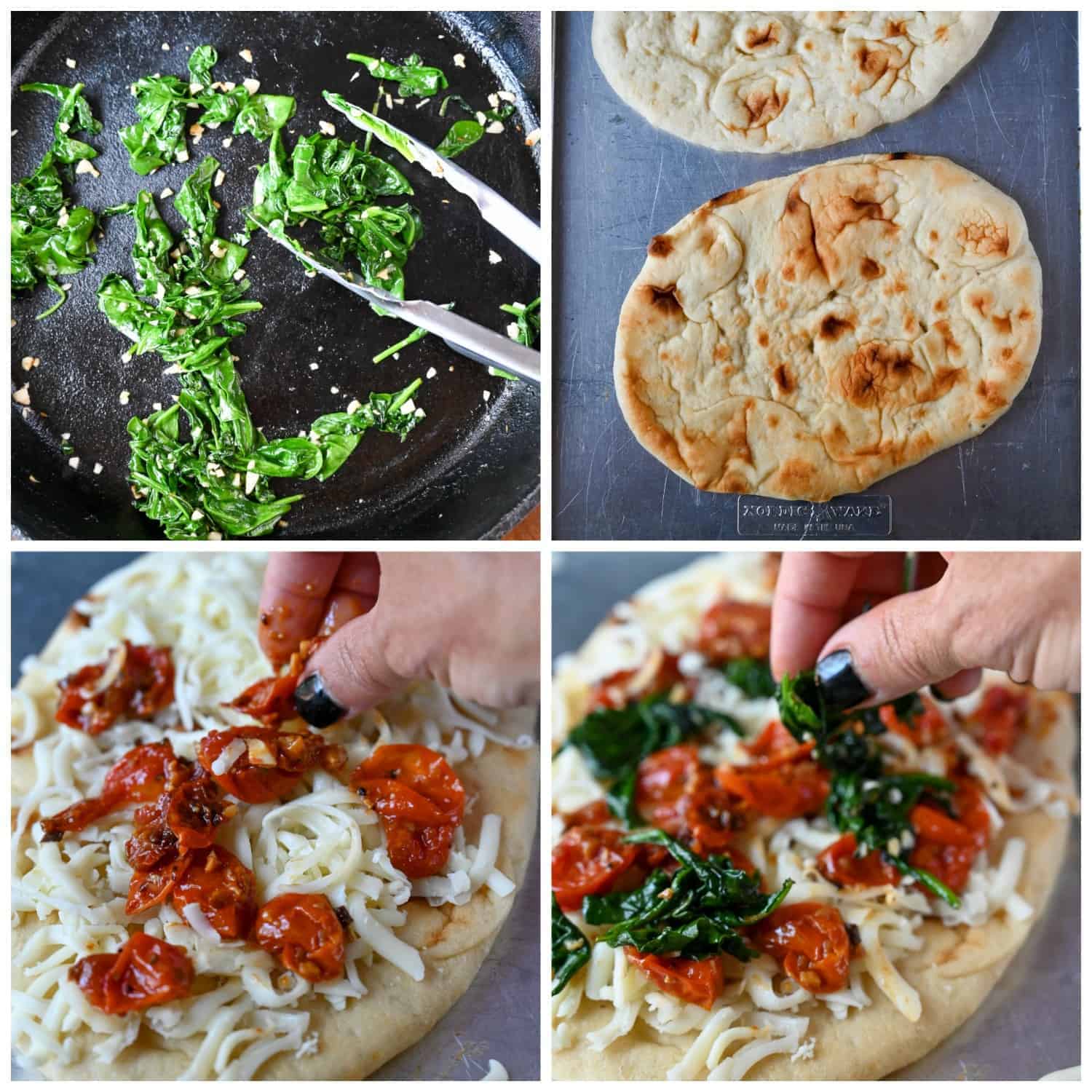 Four process shot photos. First one, a skillet with sauteed spinach. Second one, two flatbreads on a baking sheet. Third one, cheese and roasted tomatoes being placed onto the flatbread. Fourth one, Sauteed spinach being placed onto the flatbread.