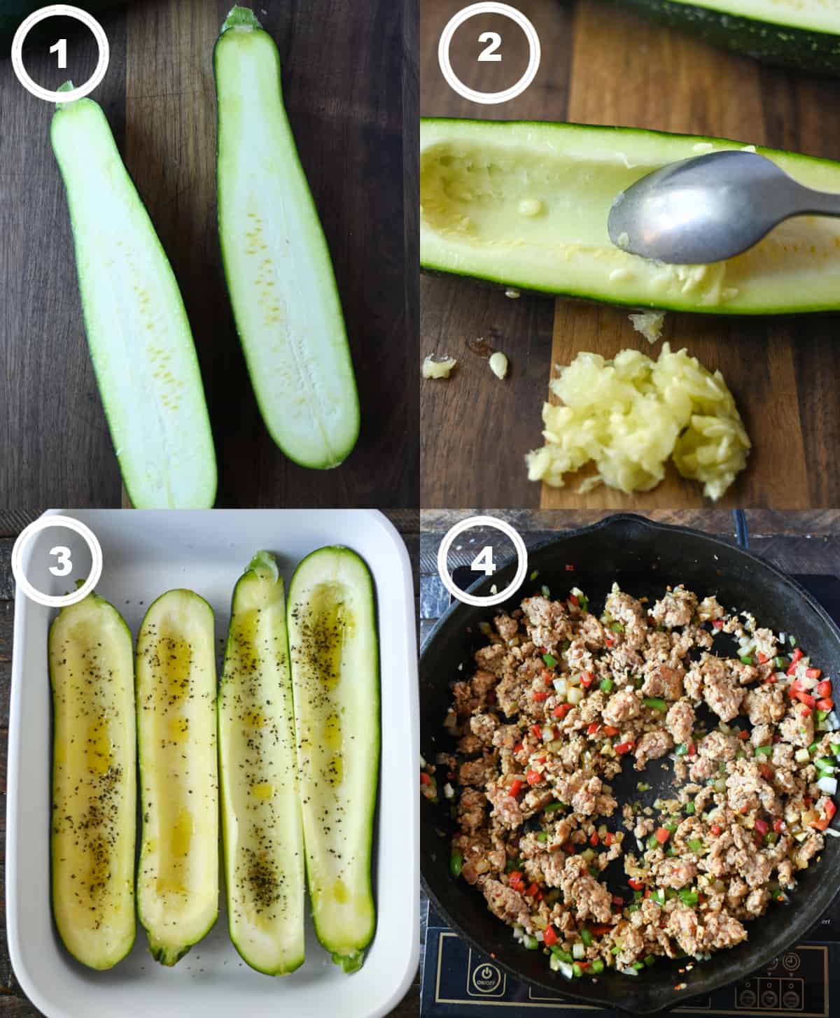 Four process photos. First one, a zucchini sliced in half. Secone one, a spoon scraping the flesh out of the center of the zucchini. Third one, four hallowed out zucchinies placed in a casserole dish. Fourth one Sausage, peppers and onions browned in a cast iron skillet.