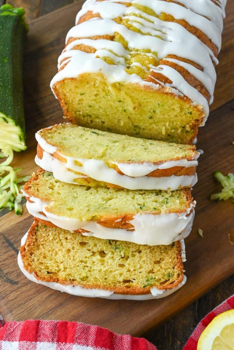 Lemon zucchini bread cut into slices.