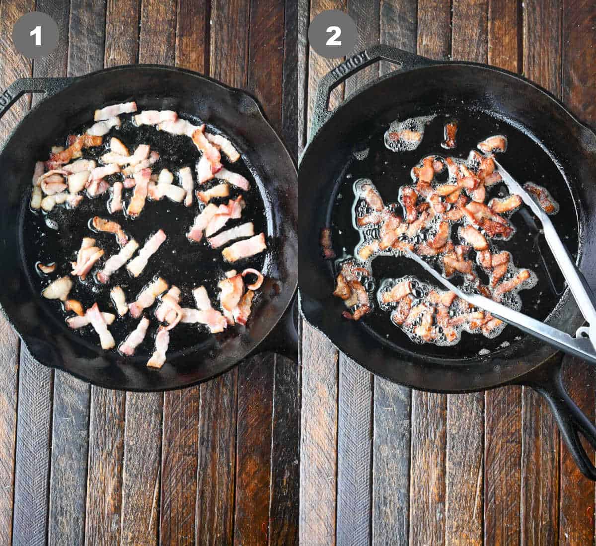 Diced bacon being fried in a cast iron skillet.