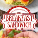 Open faced breakfast sandwich being picked up from a plate Pinterest pin.