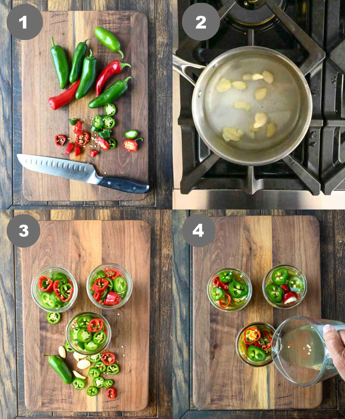 Jalapenos being cut into slices, vinegar boiled with garlic and all placed into jars.