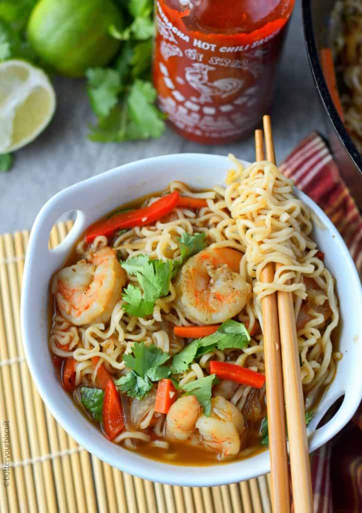 Spicy shrimp ramen bowl with chopsticks