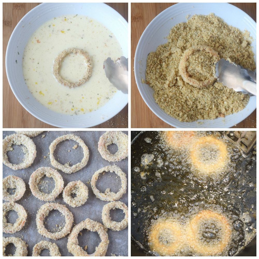 Four process photos. First one onion rings placed back in egg wash. Second one, rings tossed back in panko bread crumbs. Third one, breaded onion rings placed on a baking sheet. Fourth one, breaded onion rings placed in hot oil in a cast iron skillet.