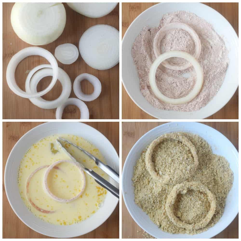 Four process photos. First one, sliced onion rings on a cutting board. Second one, onion rings placed in a bowl of flour and seasonings. Third one, ring then dipped in whisked eggs. Fourth one, onion rings tossed in panko bread crumbs.