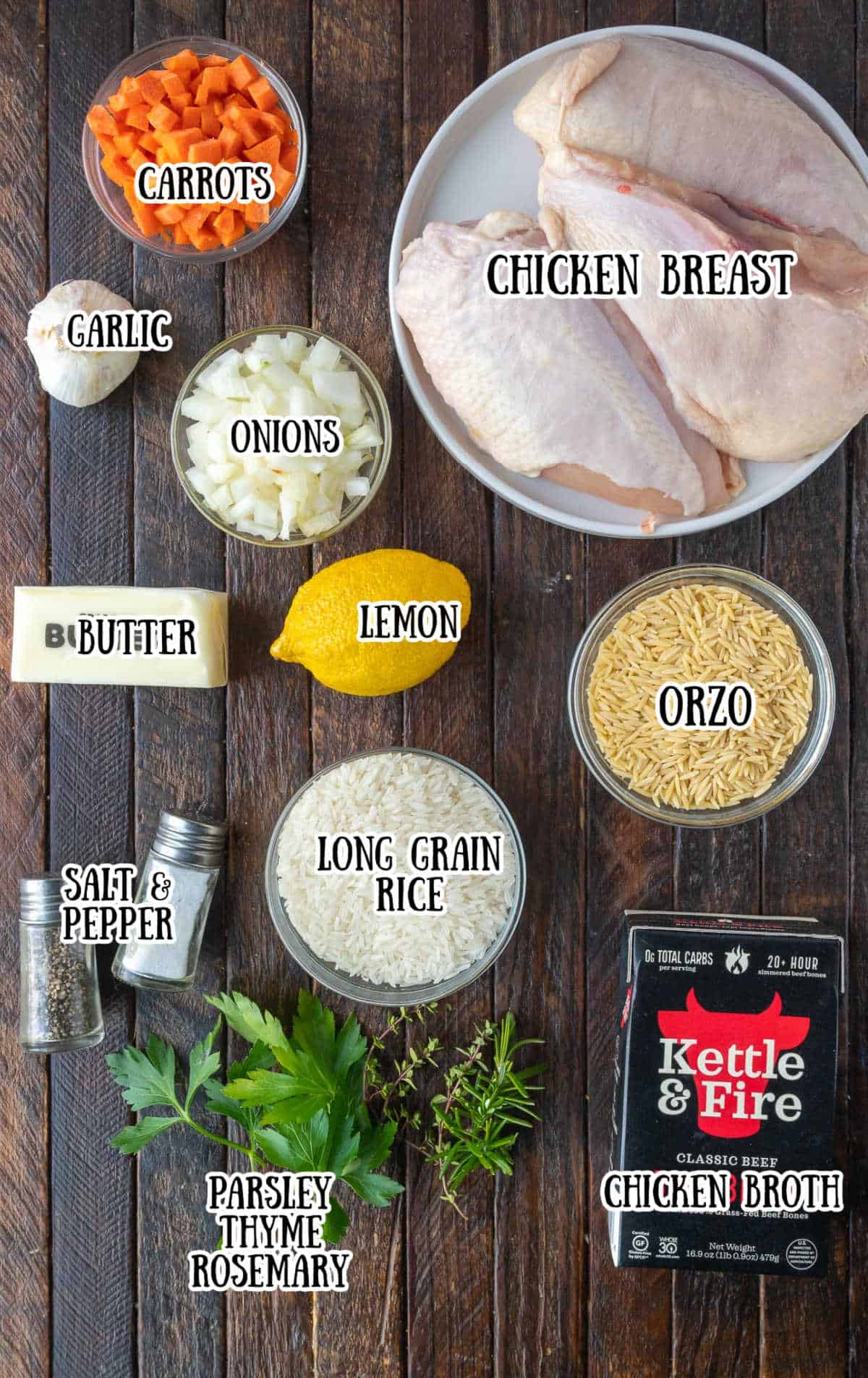 All the ingredients needed for lemon herb chicken and rice pilaf.