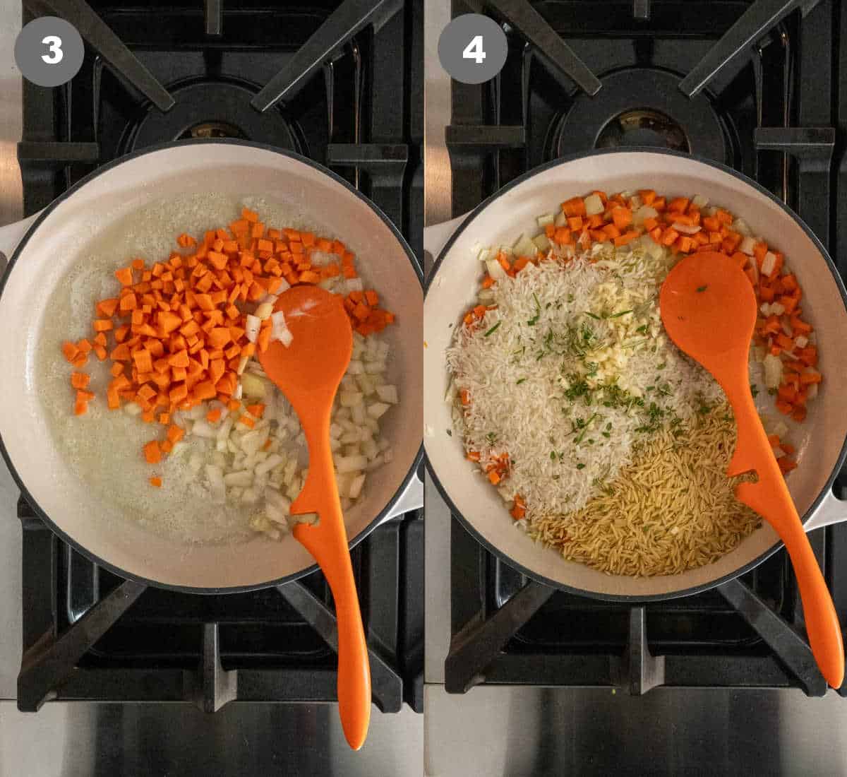 Diced carrots in a skillet then rice and orzo added in.