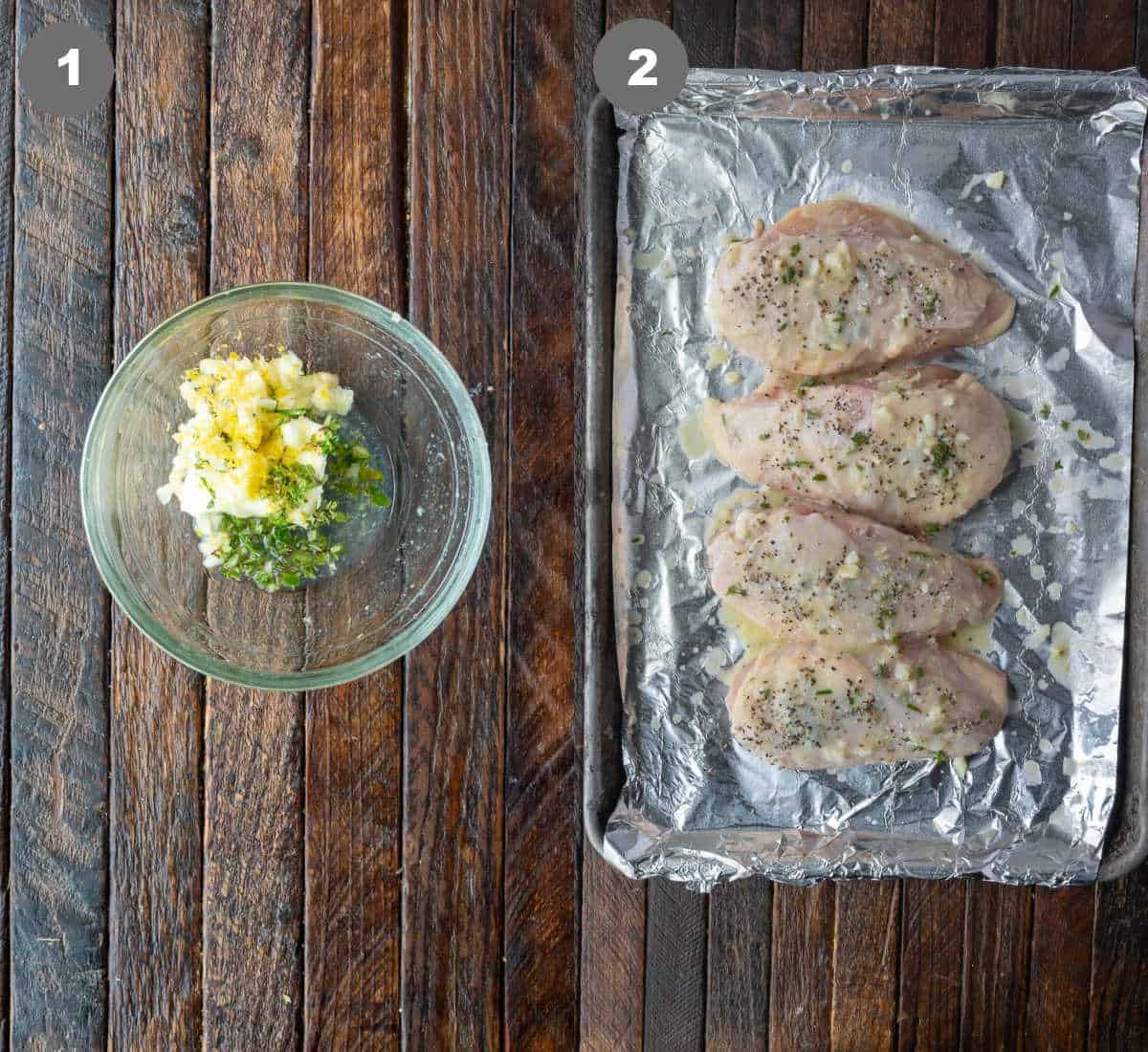 Lemon herb butter and chicken breasts on a baking sheet.