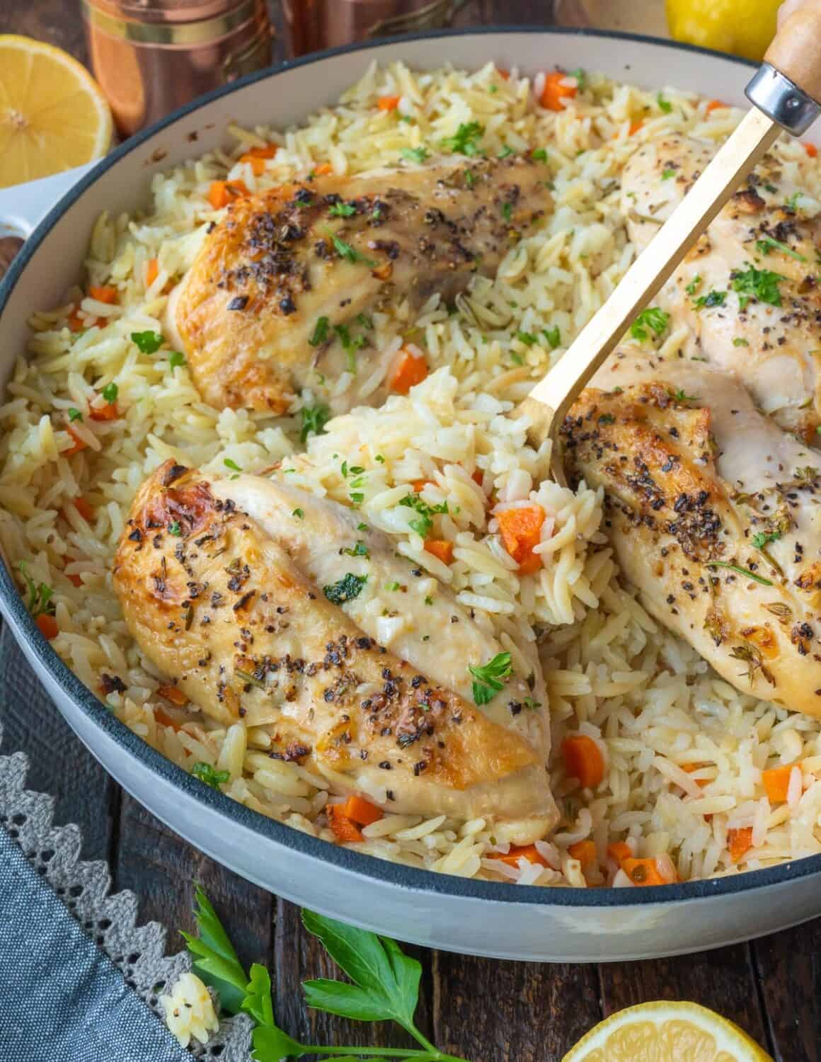 Lemon herb chicken breast with rice pilaf