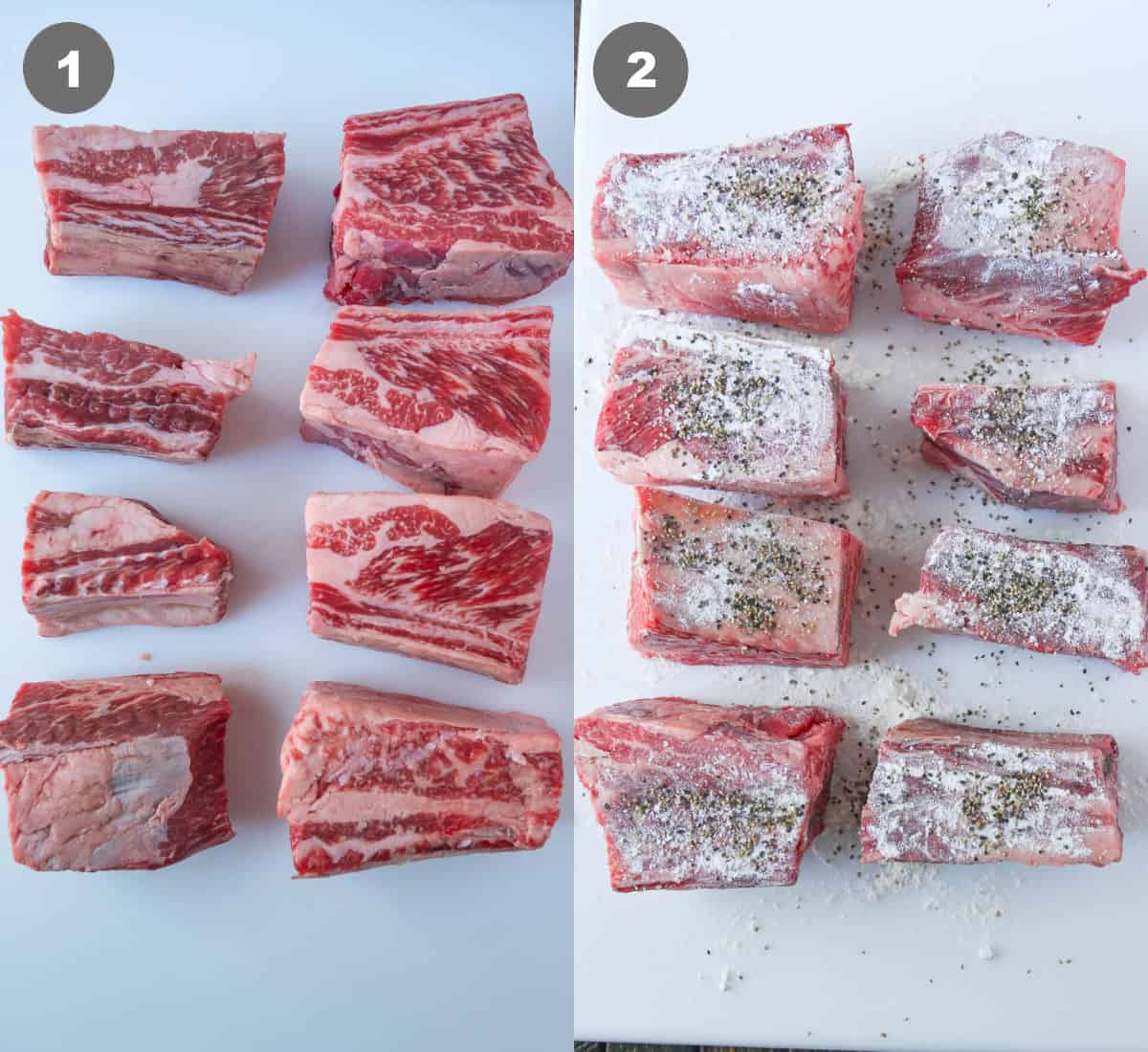 Short ribs on a cutting board then salt,pepper, and flour sprinkled on top.