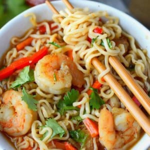 Spicy shrimp ramen bowl