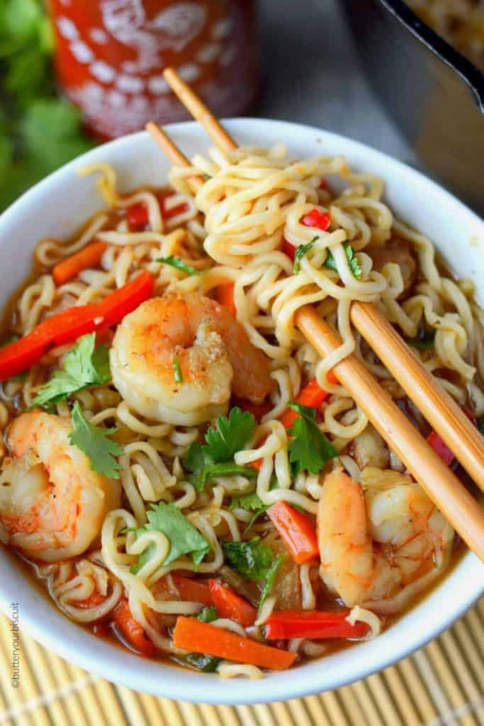 Spicy shrimp ramen bowl