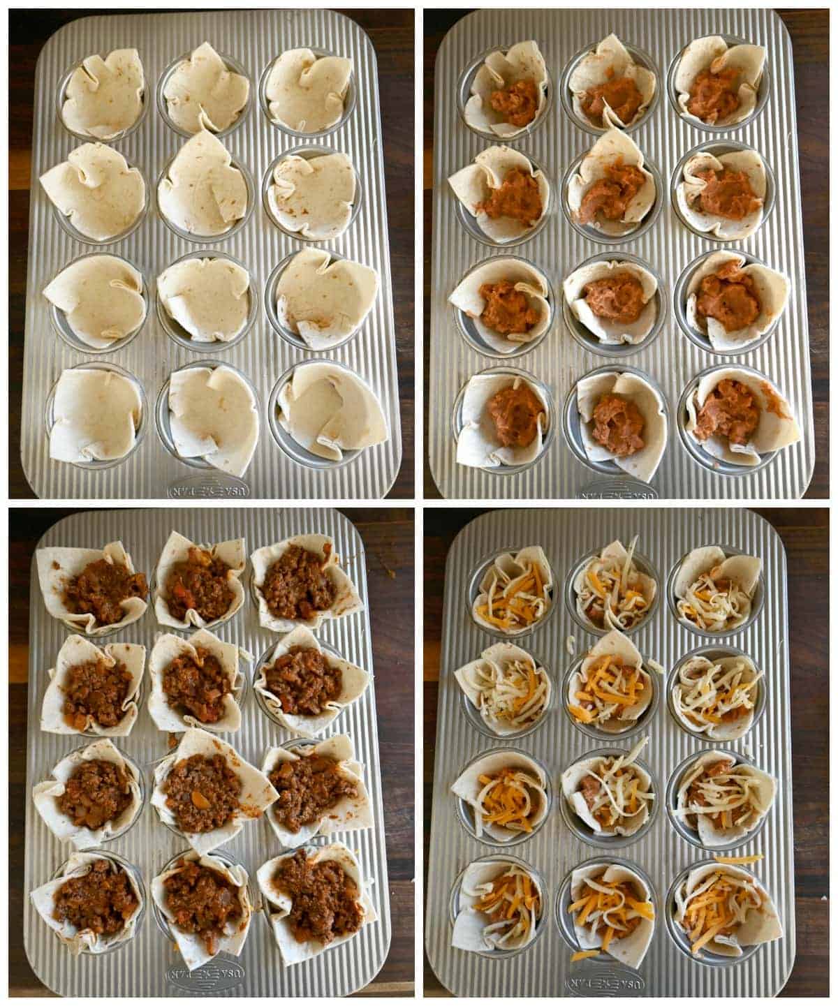 Four Process photos. First one, tortilla squares placed into a muffin tin. Refried beans placed in each tortilla. Third one, another tortill placed on top then ground beef added. Fourth one, cheese placed on top.