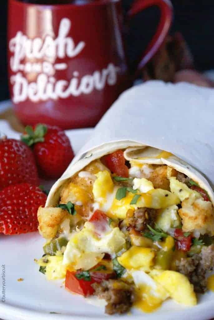 A close up of a plate of food, with Breakfast burrito