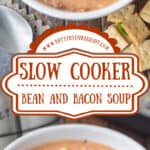 Bean and bacon soup in a white bowl and a spoon taking a bite our of it Pinterest pin.